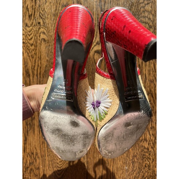 Vintage D&G Dolce&Gabbana Red leather+straw flower slingback peeptoe sandals